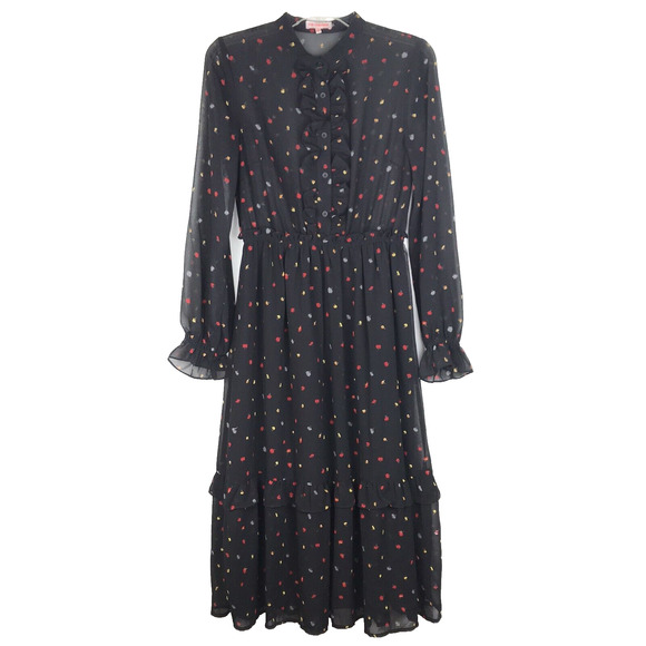 Re-named Tiered Midi Dress Long Sleeve Sheer Top Lined Skirt Black Floral Small - Picture 1 of 9